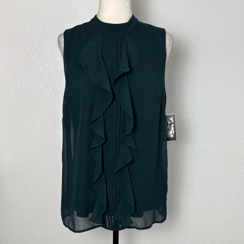 1246NWT  I. N. Studio Chic Dark Green Sleeveless Ruffle Blouse. SzXL